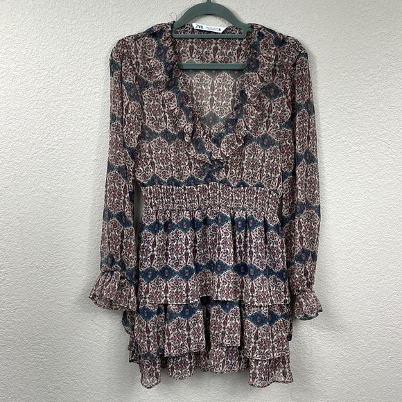 Zara V Neck Ruffle Trim Mini Dress Rust Geo Paisley Boho Cottagecore Sz S - Picture 4 of 14